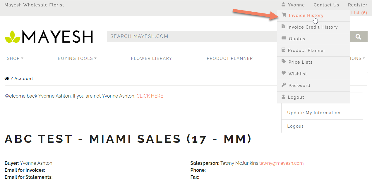 Mayesh customer invoice history