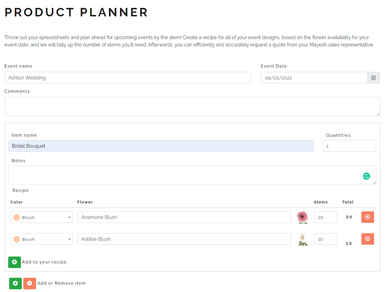Mayesh Product Planner